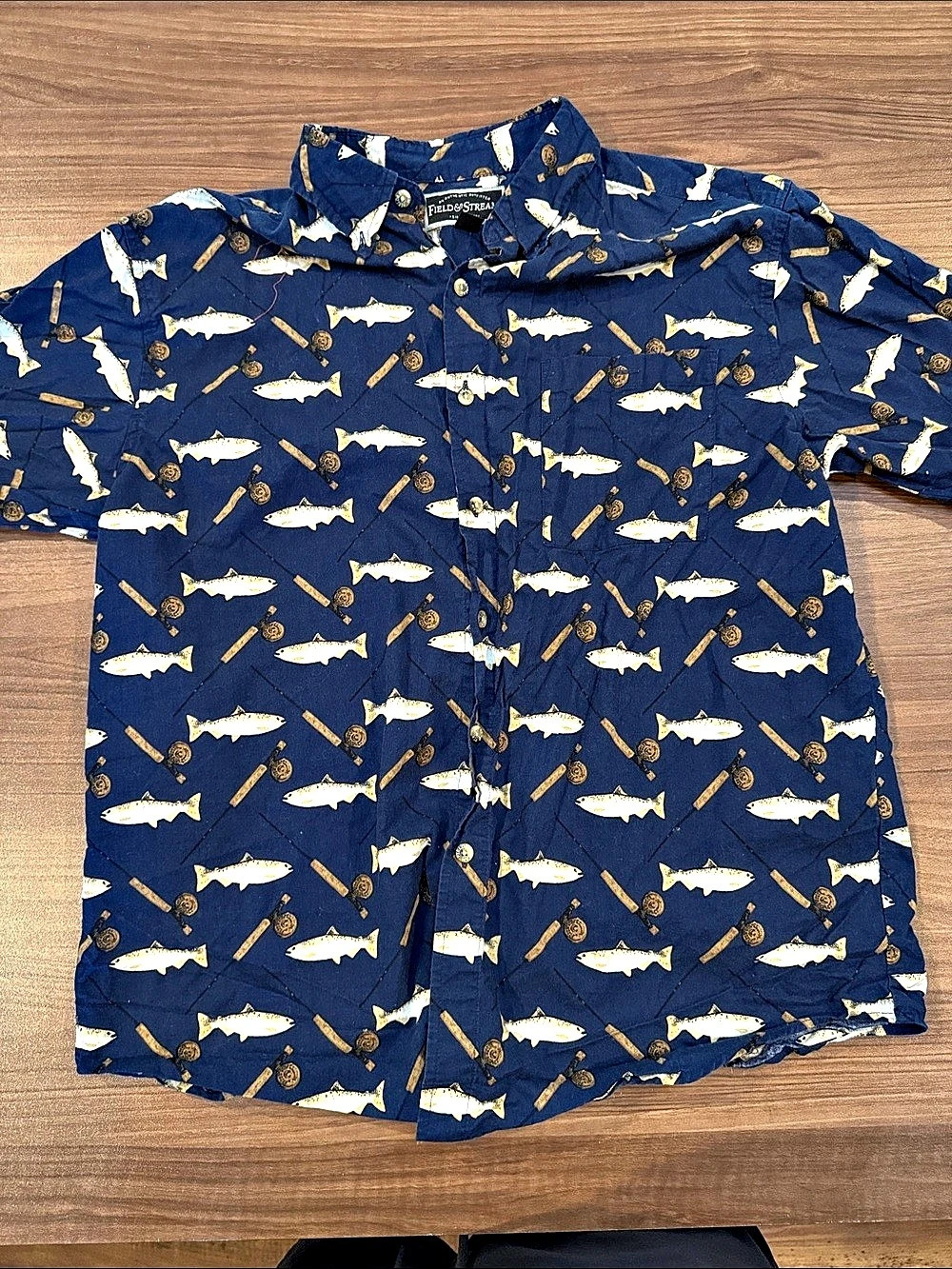 Field & Stream Fish Print Button Down Blue & White Large